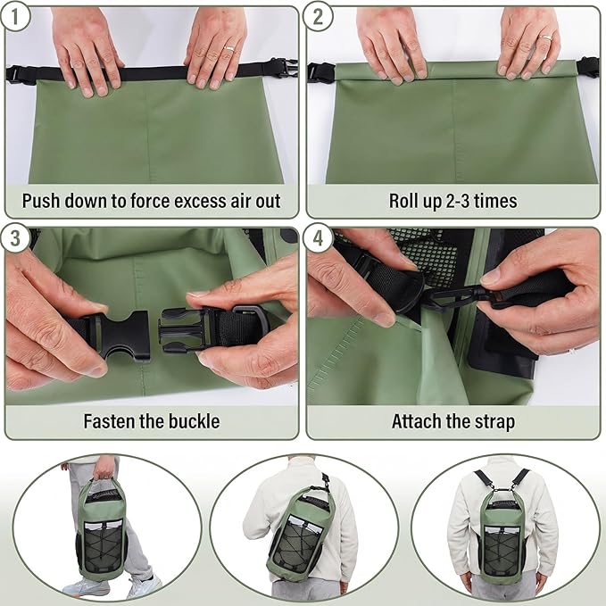 Pimoys Dry Bag 25L Waterproof Backpack Roll-Top Dry Bags Kayak Outdoor Travel Bag for Boating Kayaking Camping Fishing Hiking Rafting(Forest Green