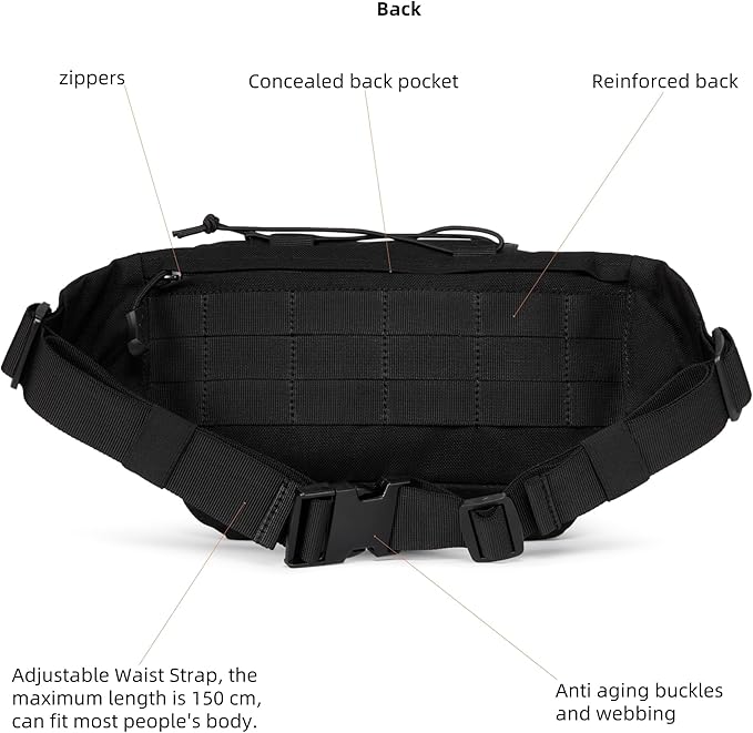 AMHEH 3.5L Tactical Fanny Pack for Men - 1050D Crossbody Waist Bag for Everyday Carry and Light Hiking Fits 28 - 50 Waists (Black)