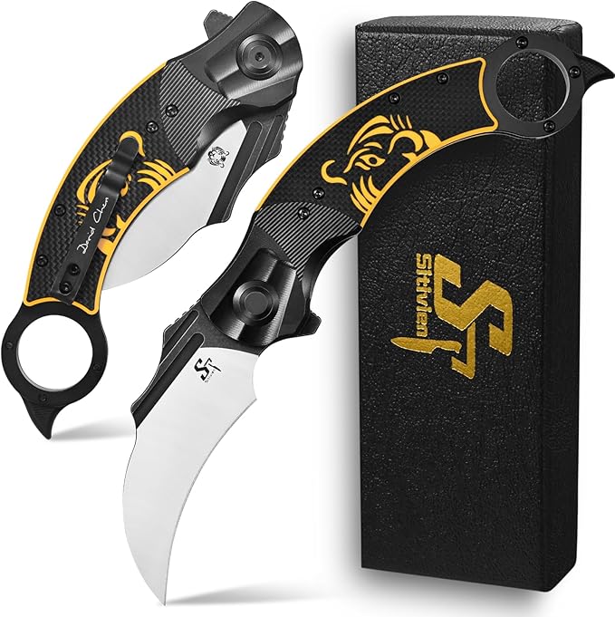 Sitivien ST164 Folding Pocket KnifeAUS-10 Steel BladeSteel Head CNC Precision Carving+G10 Handle EDC Tool Knife for Outdoor Survival Camping Hiking Fishing(Yellow)
