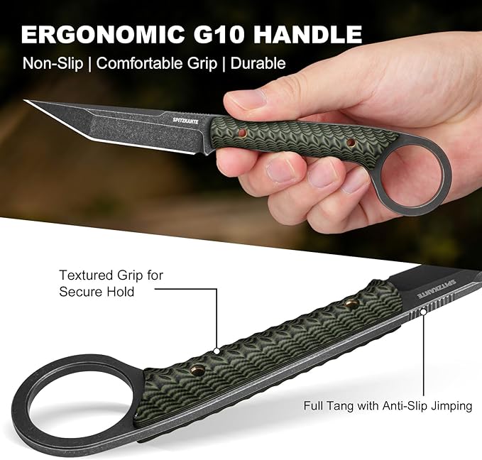 7.3 EDC Fixed Blade Knife with Sheath Full Tang 5Cr14MoV Camping Knife Green G10 Handle Finger Ring Design Horizontal/Vertical Carry Outdoor Survival Gift for Men