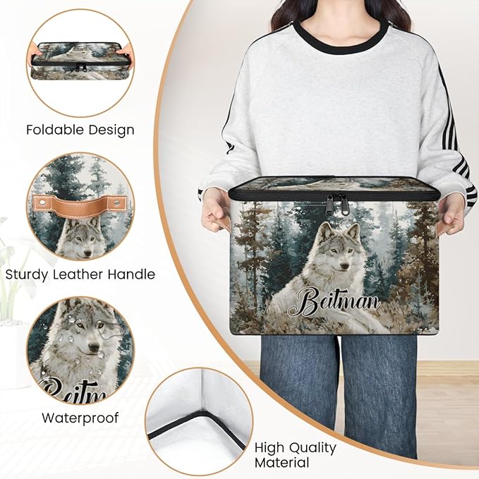Storage-Bins with Lids Handle Customized Stackable-Storage-Bin for Kids-Boys-Girls-Toys Cube Collapsibl Basket Trees Wolf