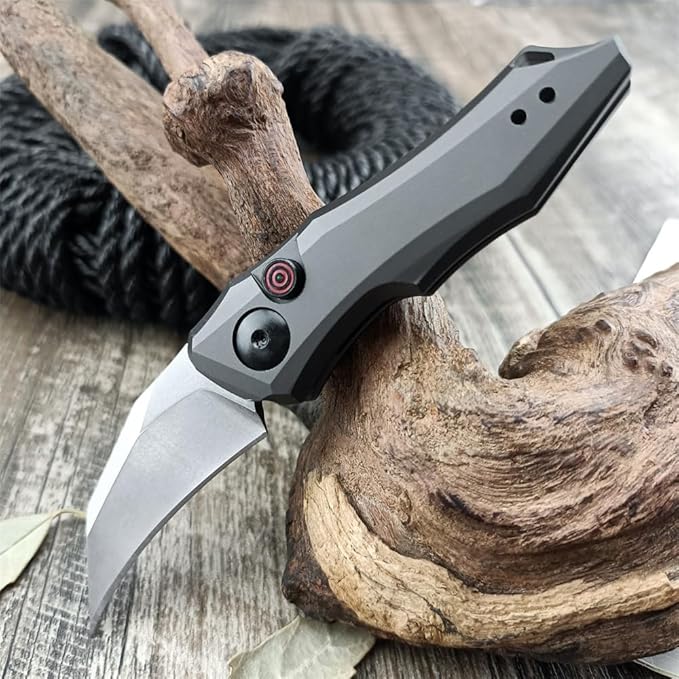 HUAAO Push Button Knife Spring Assisted Opening EDC Folding Pocket knives For Men2.08 inch 8Cr13Mov Hawkbill Bladegray aluminum handleWith Deep Carry Pocket Clip