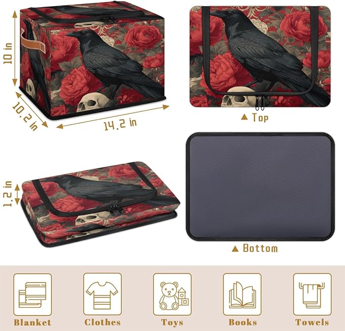 Halloween Raven Storage Bins with Lids Skull Flower Collapsible Cube Storage Basket with Leather Handle Foldable Storage Box with Lids for Organizing Home Closet