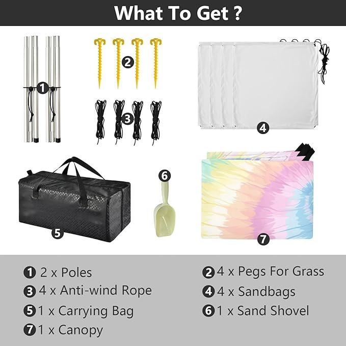 Aliceblue Tie-dye Background Rainbow Colors Beach Canopy UPF50+ Protection Waterproof Portable Sun Shelter with Sand Shovel Sandbags for Camping Picnics Backyard &amp Fishing