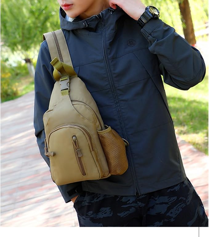 Military Casual Chest Sling Bags with Water Bottle Holder Lightweight Crossbody Daypack(Khaki)