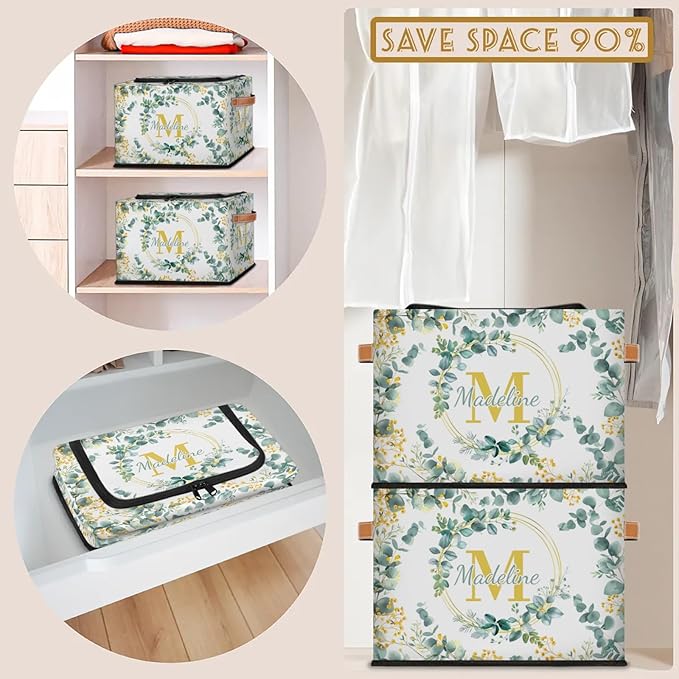 Personalized Eucalyptus Initials Storage Bins with Zipper Lid Custom Fabric Storage Boxes Foldable Closet Organizers Cubes for Clothes Shelves Home Decorative 2PCS Flower Leaves