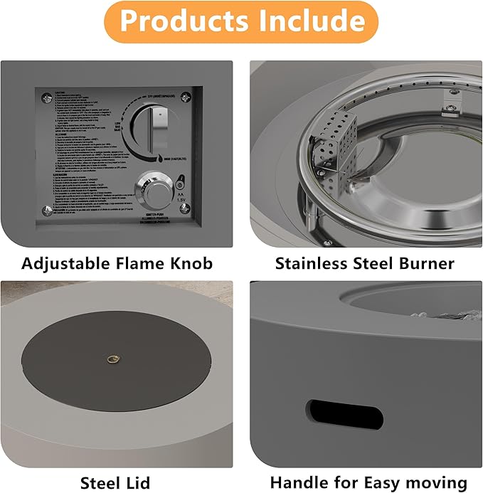 32 inch Round Propane Fire Table 50000 BTU Gas FirePit Patio Fire Pit Table with Steel Lid Rain Cover 10ft Propane Hose Lava Rocks Grey