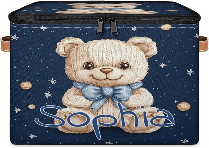 Custom Storage Basket with Name Personalized Storage Bins with Zipper Lid Foldable Fabric Storage Box Large capacity with Handle Starry Sky Bear