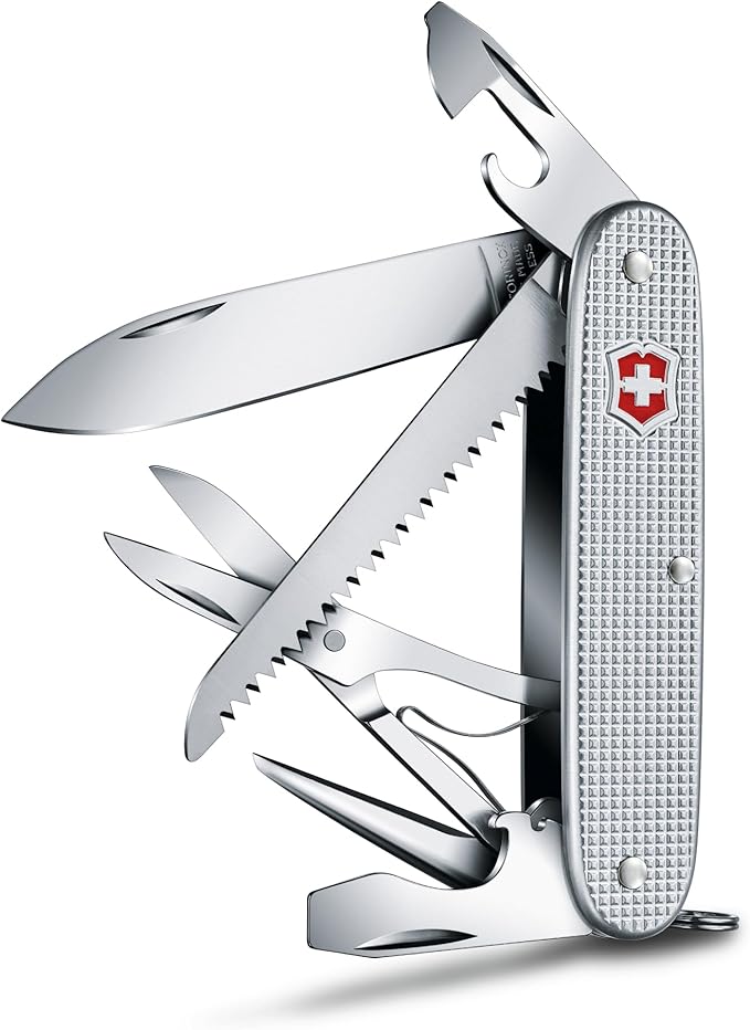 Victorinox Farmer X Alox Swiss Army Knife 10 Function Swiss Made Pocket Knife with Large Blade Wood Saw Bottle Opener and Reamer - Silver