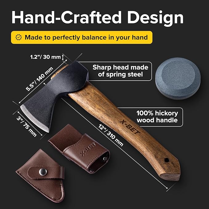 X-bet MAGNET 12 Hand-Forged Hatchet with Sheath and Sharpener - Camping Axe Bushcraft and Survival Hatchet Spring Steel Blade - Small Axe Perfect for Wood Carving Cutting Splitting and Gardening