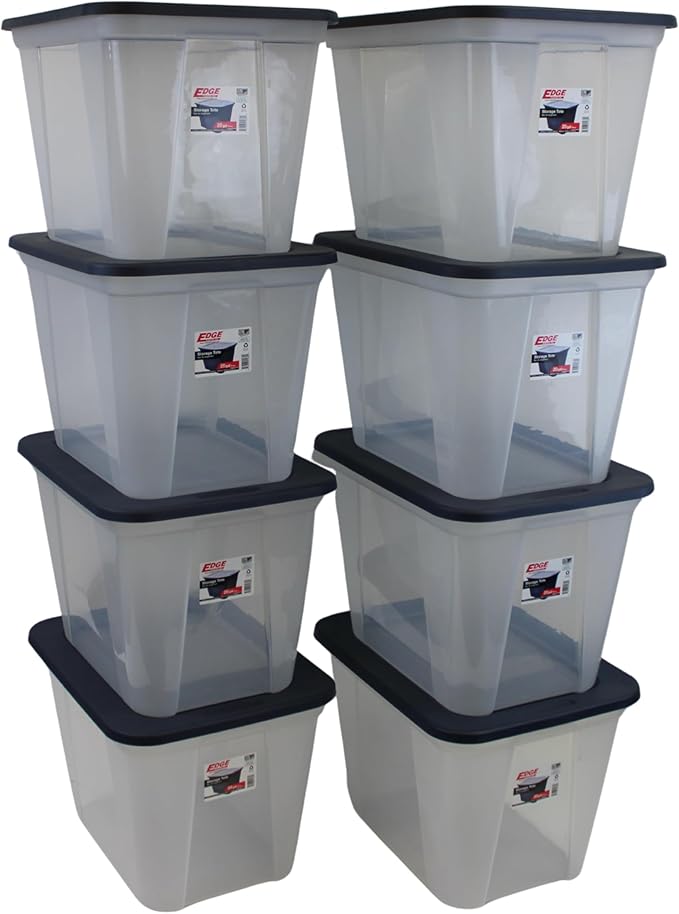 Square Base Storage Tote durable storage in for home or garage with secure snap lid designe for stacking (8 Clear with Ink Lid 20 Gallon)