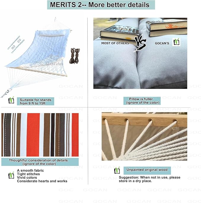 GOCAN Mesh HammockCotton rope hammocks with Pad Chains Hooks Tree Straps fit stands from 9' to 15' for outside indoor patio yard