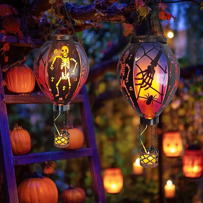 Halloween Outdoor Decorations Hot Air Balloon Solar Lantern with Flickering Flame Hanging Outdoor Lanterns with Skull Pattern Hollowed-Out Design Halloween Party Decor for Garden Patio (Halloween)