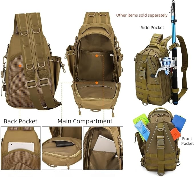 Mint &amp Moss Tactical Backpack for Men Water Resistant Tackle Backpack with Rod Holder &amp Tackle Box Kit Lightweight Sling Fishing Bag for Trekking Survival Camping Fitness Travel (Brown)