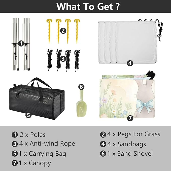 Easter Bunny Beach Canopy Sun Shelter with Sandbags &amp Sand Shovel &amp Windproof Ropes - Portable 110x126 Beach Shade Beach Tent for Camping Picnics
