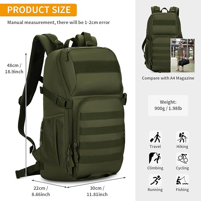 HUNTVP Tactical Backpack Military MOLLE Backpack Hunting Rucksack Gear Assault Pack 25L WR (Army Green)