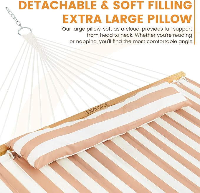 Lazy Daze 12 FT Quilted Double Hammock with Spreader Bar 2-Person Outdoor Hammock for Patio Poolside Backyard Beach 450 lbs Capacity Beige White