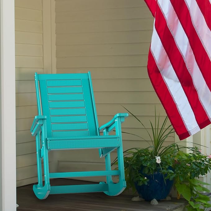 GREENVINES Outdoor Rocking Chairs | Set of 2 | Porch Rocker | HDPE Plastic | Aqua | Oversized Rockers | High Back | Big &amp Tall | Ladder Back | for Patio Outside Backyard Balcony Garden