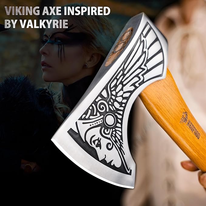 NedFoss 13 Valkyrie Viking Axe Handmade Viking Hatchet with Leather Sheath High Carbon 1055 Steel Blade Premium Viking Axes Design for Camping Bushcraft Hatchet Collection Gift for Men Women