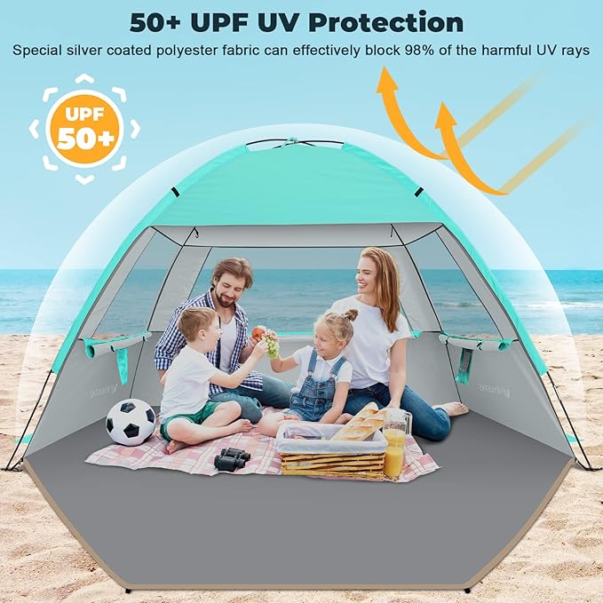 Venustas Beach Tent Sun Shelter for 3/4/6/8 Person UPF 50+ UV Protection Beach Canopy Lightweight and Easy Setup Cabana Portable Shade Tent