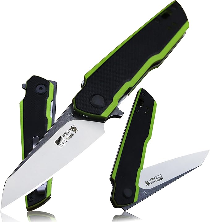 WPKOPYA 7.8in Folding Pocket Knife with D2 Steel Blade G10 Handle Ball Bearing Pivot Stonewashed Finish – Outdoor EDC Utility Tool for Camping Hiking Survival Use(G10 - Black/Green)