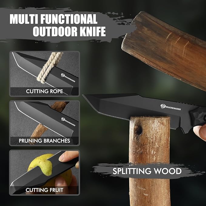 DRACHENADER Tanto Fixed Blade Knife with Sheath Tactical Knife for Men Survival Full Tang Design (E-Full Black)