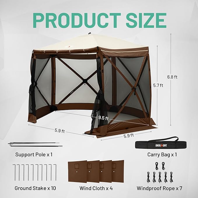 Overmont Pop up Gazebo Screen Tent - Large Instant Screen House Tent with Netting Removable Wind Cloths Full Open Door Skylight - Portable Outdoor Screened Shelter for Camping Backyard Patio Parties
