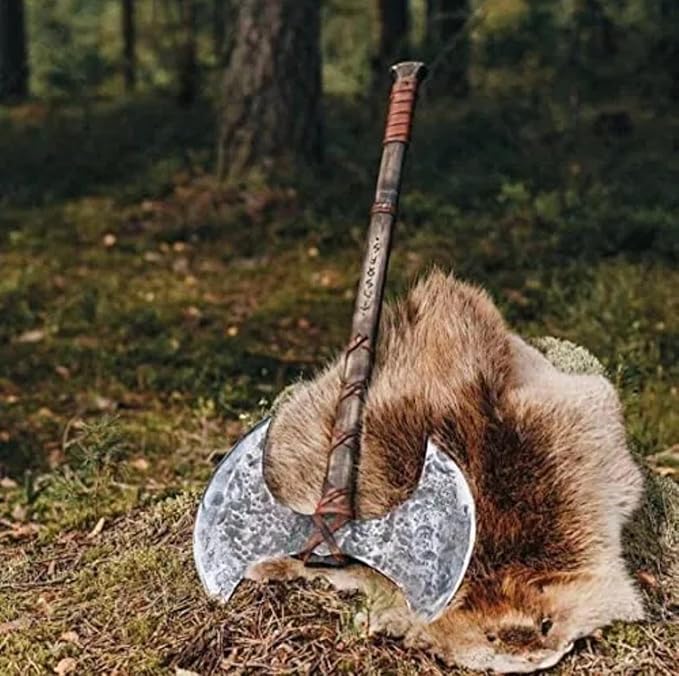 Handmade Double Head Axe Hatchet Norse Axe- 38 inch Long Two-Handed Berserker Hatchet Forged Axe - Bearded Axe - with Sheath (DH-002)