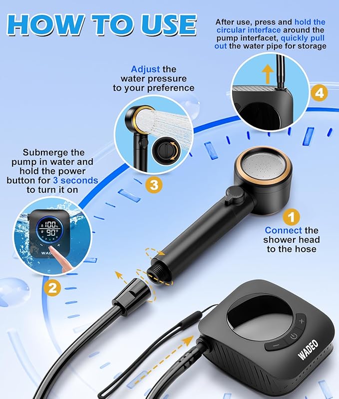 2026 Upgraded Portable Shower for Camping 8000mAh Rechargeable Camping Shower Pump with 5 Gal Foldable Bucket 5 Pressure Modes IPX8 Waterproof Outdoor Shower for Hiking Travel Car Pet Beach