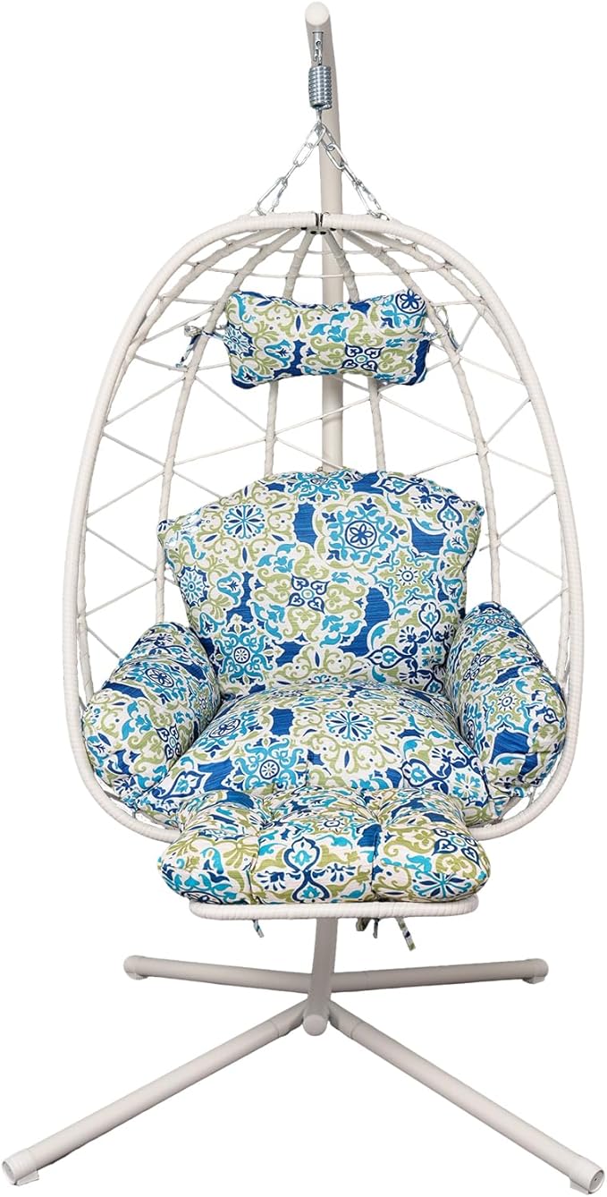 Hanging Egg Chair with Stand Outdoor Indoor Patio Rattan Swing Hammock Chairs with Washable Cushion PE Wicker Swing Chair for Backyard Bedroom Garden (White + Floral Cushion with Footrest)