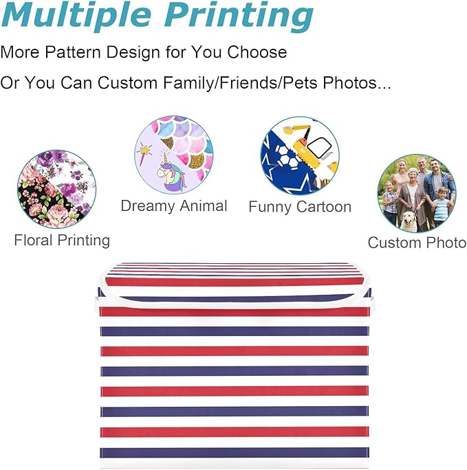CaTaKu Large Fabric Storage Bins With LidsRed White Blue Stripe Storage Boxes With Handles for Organizing Clothes Collapsible Storage Cube Bins Baskets for Shelves