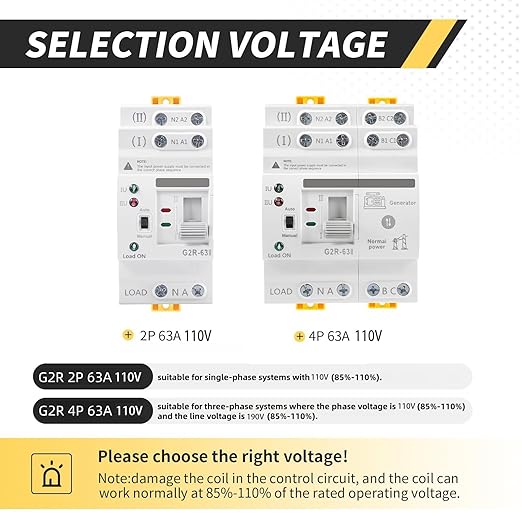 Mini ATS AC Automatic/Manual Transfer Switch 2P 63A 110V ATS Manual Transfer for Uninterruptible Power Supply Home Dual Auto Power Electrical Selector Switch DIN Rail Mount（G2R 2P 63A AC110V）