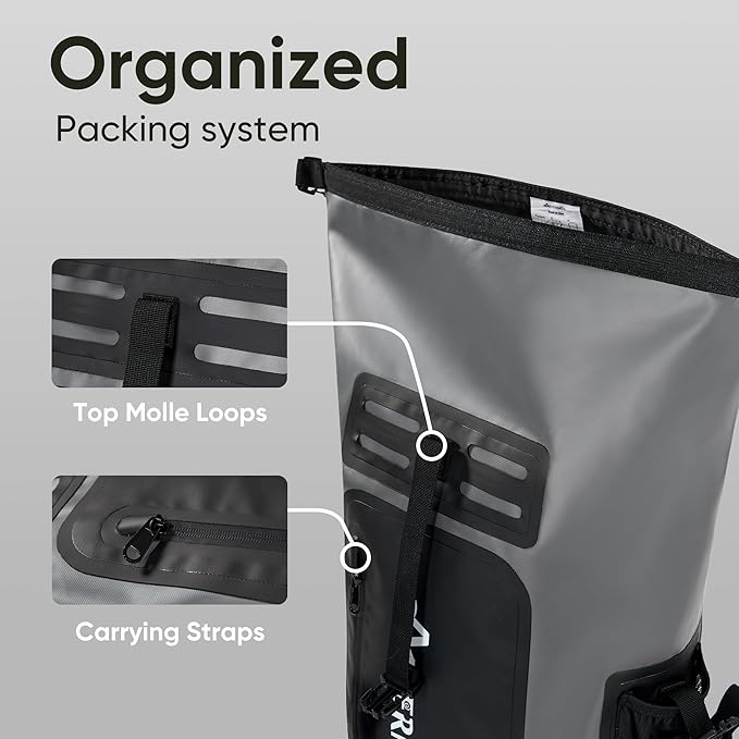 Dry Bag Waterproof Backpack 35L for Men &amp Women Roll-Top Hiking Backpack with IPX8 Waterproof Phone Case &amp Detachable Mini Backpack for Kayaking Boating Cushioned Padded Back Grey