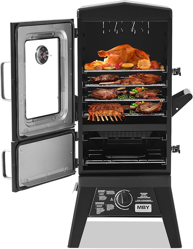 Propane Smoker with Cover Vertical Smoker Grill with Temperature Control Outdoor Heavy Duty Three Removable Smoking Shelves Metal Black