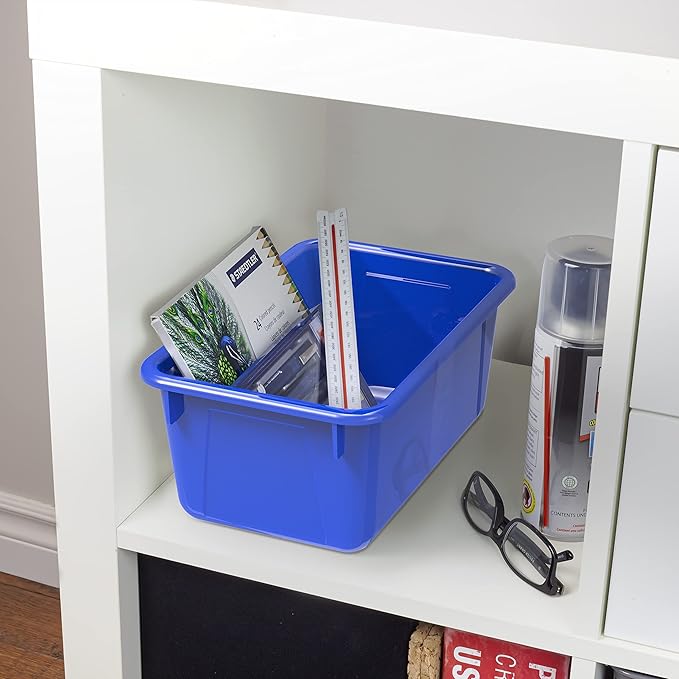 Storex Small Cubby Bins – Plastic Storage Containers for Classroom with Non-Snap Lid 12.2 x 7.8 x 5.1 inches Blue 5-Pack (62408A05C)