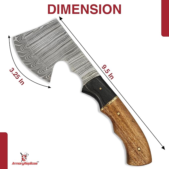 Armory Replicas™ Velocity in Target Throwing Axe - Full Tang Tomahawk with Damascus Steel Blade Cherry &amp Ash Wood Handle 9.5 Inches Overall Length Includes Genuine Leather Sheath