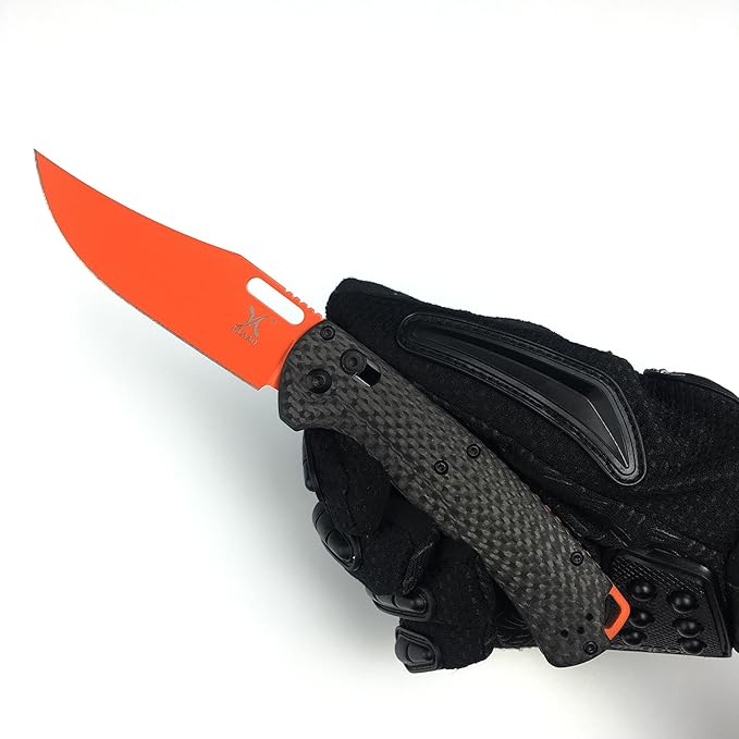 HUAAO Manual Open Folding Knife with 3.43’’ Orange D2 Blade Black Carbon Fiber Handle EDC Pocket Knife with Clip for Camping Hunting