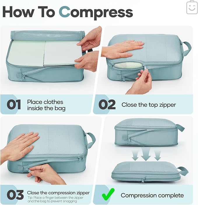 Veken 9/11 Set Compression Packing Cubes for Travel EssentialsCompressible Expandable Large Luggage Suitcase Organizer Bags for ClothingDurable Space Saver Storage Bags with Toiletry Bags(Blue Gray)