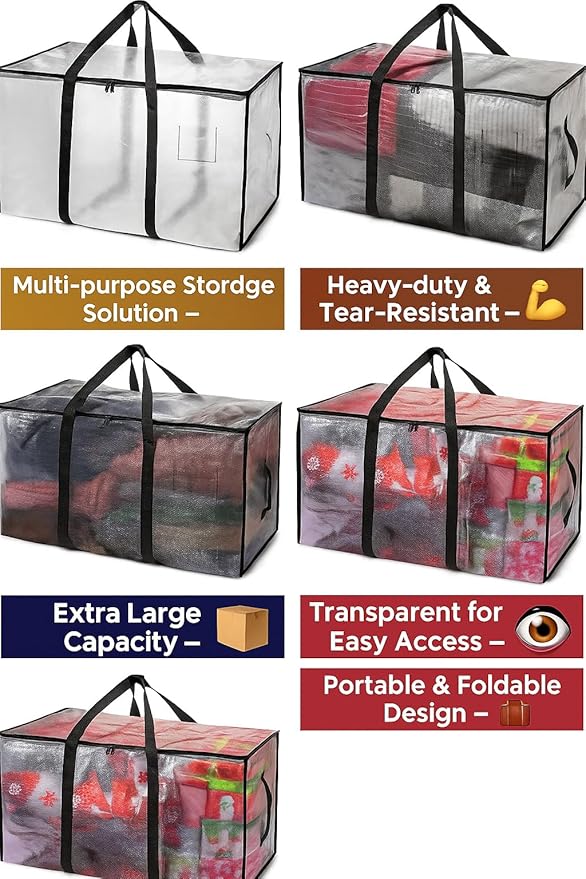 Heavy Duty Clear Tote Bag for Storage &amp Organization – Extra Large Durable Zippered Storage Bin with Reinforced Handles – for Home Travel &amp Garage Use (X-Large 6.0 Count)