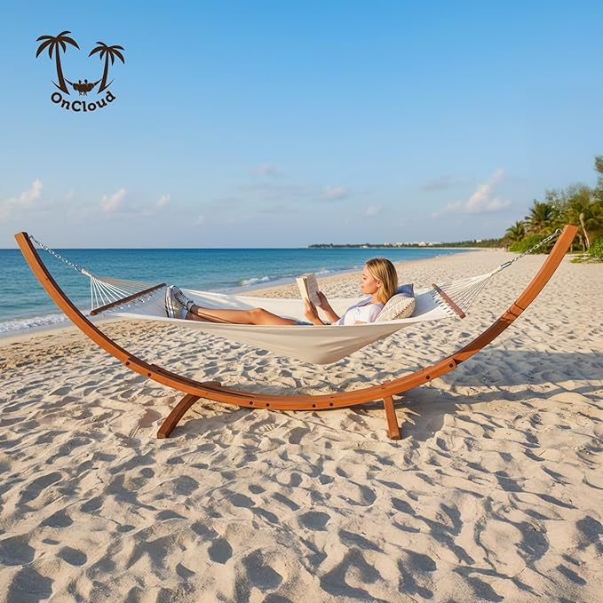 ONCLOUD Premium Double Hammock Set with Curved Hardwood Stand - 10.5ft Outdoor Relaxation System (400lb Capacity) (Teak 14ft Set)