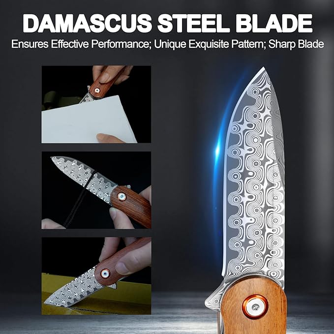 Zingbee Damascus Pocket Knife 2.95 Damascus Steel Blade Pocket Knives &amp Folding Knives Wooden Handles EDC Knife for Women Men