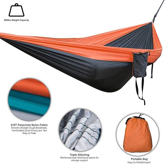 Single Camping Hammock Portable Indoor Outdoor Tree Hammock with 2 Hanging RopesLightweight Nylon Parachute Hammocks for Backpacking Travel(Grey/Pink)