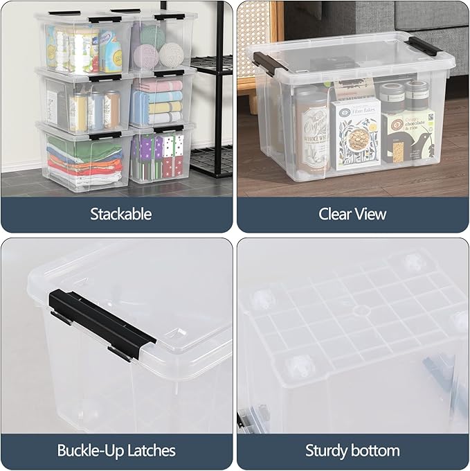6-Pack Storage Box 22 Quart Stackable Plastic Bins with Snap-On Lids Clear