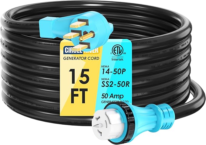 50 Amp 15 Feet Generator Extension Cord NEMA 14-50P Male to SS2-50R &amp CS6364 STW 6/3+8/1 AWG 125/250V Generator Power Cord Twist Lock Connectors for Generator to House