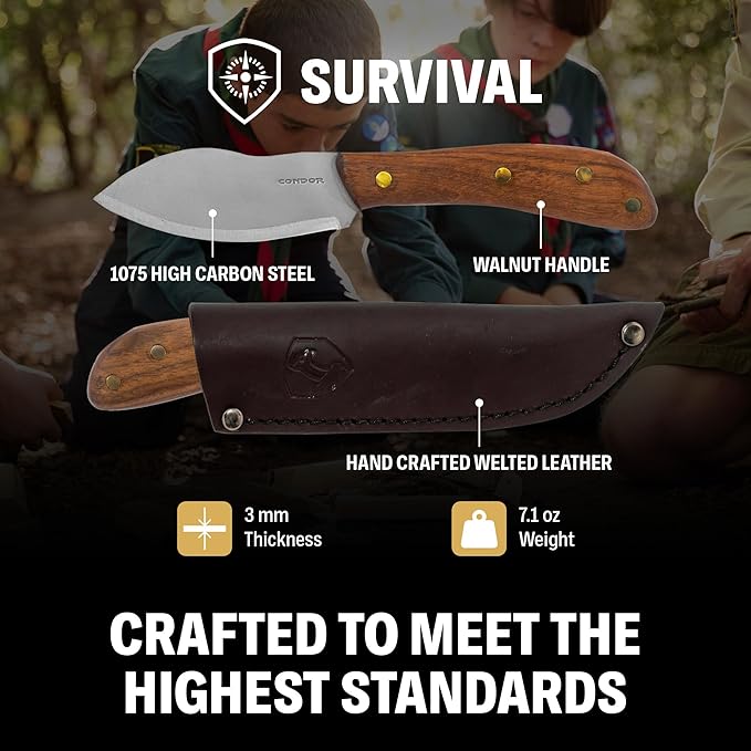 Condor Tool &amp Knife Nessmuk Knife 4 Inch W/Leather Sheath - 1075 High-Carbon Steel Blade - Ergonomic Walnut Handle for Precise Control - Ideal for Survival Camping and Outdoor Adventures