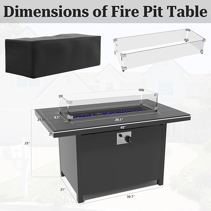 Kurapika Aluminum Propane Fire Pit Table 45 Inch 55000 BTU Auto-Ignition CSA Certification Outdoor Gas Fire Pits with Slide Out Tank Holder Outdoor Fire Tables Wider Desktop Windshield and Lid