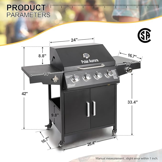 Propane Gas Grill 4 Burners with Side Burner Freestanding Grill Cart with Wheels for Outdoor Garden Cooking Barbecue Grill Black
