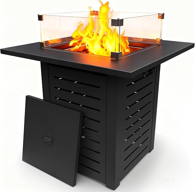 28'' Propane Fire Pit Table 50000 BTU Steel Gas Firepit for Outdoor Patio Deck and Garden CSA Certified Fire Pit with Lid Waterproof Cover Glass Wind Guard and Lava Rock Black