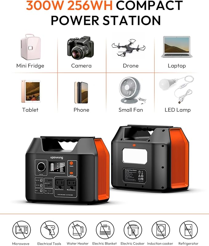 Solar Powered Generator 300W Portable Power Station with Solar Panel 40W Included 110V Pure Sine Wave 256Wh LiFePO4 Battery Pack with AC Outlet for Camping Home Emergency Traveling RV Trip