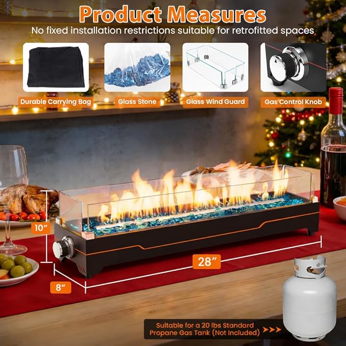 GRISUN 28 Table Top Propane Fire Pit 45000 BTU Tabletop Gas Fire Pit Tabletop Firepit for Patio Outdoor Portable Fireplace Rectangular Fire Bowl with Glass Wind Guard Glass Beads &amp Cover